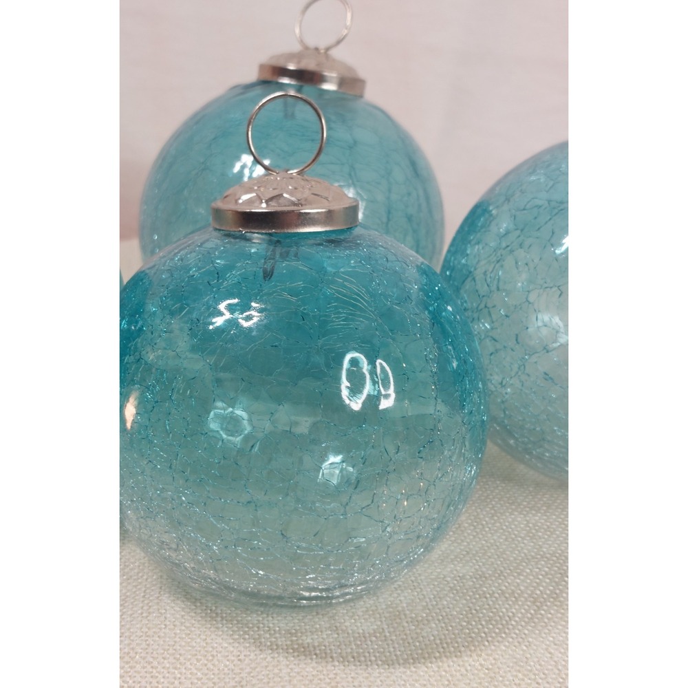 Set Of 3 Large Aqua Blue Crackle Glass Christmas Ornaments Coastal Beach 4" - Picture 10 of 15